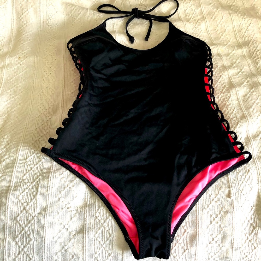 PINK one piece bathing suit,lattice side cutouts